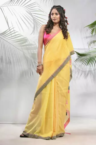 Yellow cotton saree with stripes pattern