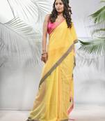 Yellow cotton saree with stripes pattern