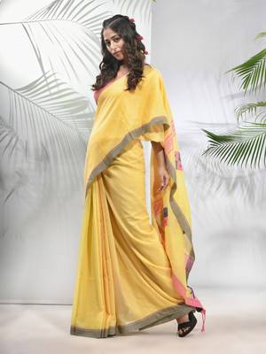 Yellow cotton saree with stripes pattern 2