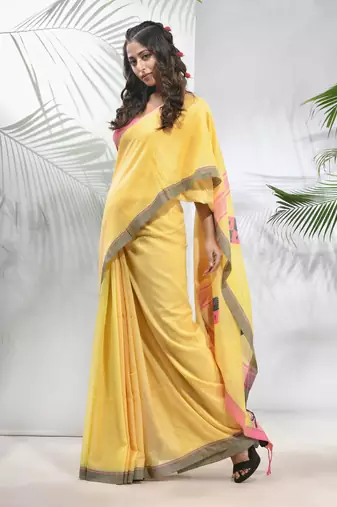 Yellow cotton saree with stripes pattern