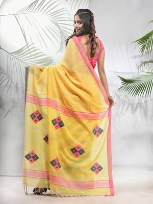 Yellow cotton saree with stripes pattern 3