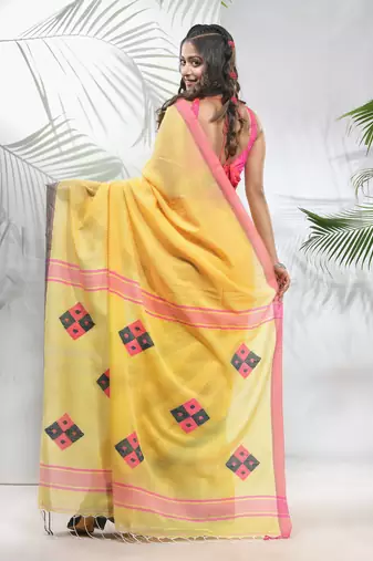 Yellow cotton saree with stripes pattern