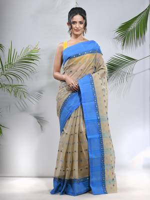 Ecru Pure Cotton Taant Saree With Woven Designs Without Blouse 1