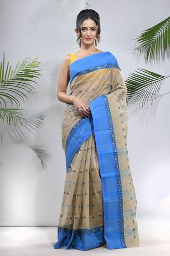 Ecru Pure Cotton Taant Saree With Woven Designs Without Blouse