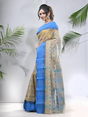 Ecru Pure Cotton Taant Saree With Woven Designs Without Blouse 2