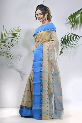 Ecru Pure Cotton Taant Saree With Woven Designs Without Blouse