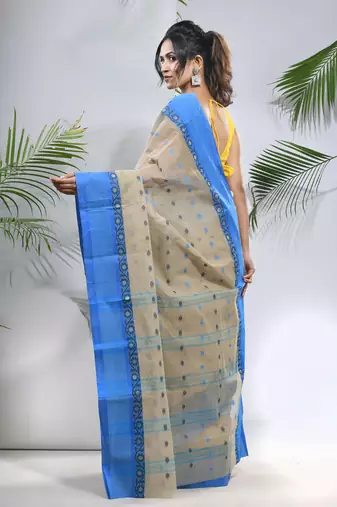 Ecru Pure Cotton Taant Saree With Woven Designs Without Blouse