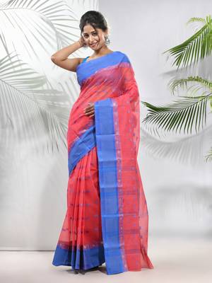 Crimson Red Pure Cotton Taant Saree With Woven Designs Without Blouse 1