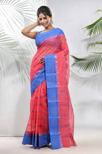 Crimson Red Pure Cotton Taant Saree With Woven Designs Without Blouse