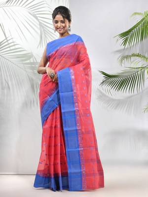 Crimson Red Pure Cotton Taant Saree With Woven Designs Without Blouse 2