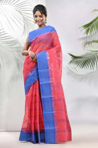Crimson Red Pure Cotton Taant Saree With Woven Designs Without Blouse