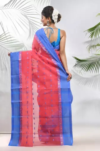 Crimson Red Pure Cotton Taant Saree With Woven Designs Without Blouse