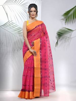 Fuchsia Pure Cotton Taant Saree With Woven Designs Without Blouse 1