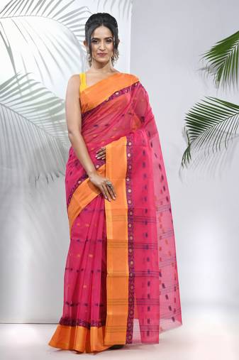 Fuchsia Pure Cotton Taant Saree With Woven Designs Without Blouse