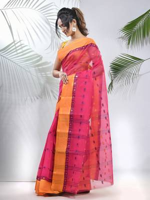Fuchsia Pure Cotton Taant Saree With Woven Designs Without Blouse 2