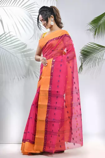 Fuchsia Pure Cotton Taant Saree With Woven Designs Without Blouse