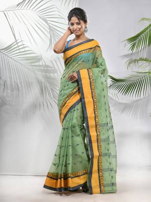 Pista Green Pure Cotton Taant Saree With Woven Designs Without Blouse 1