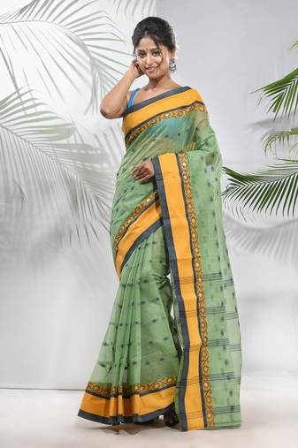 Pista Green Pure Cotton Taant Saree With Woven Designs Without Blouse