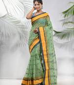 Pista Green Pure Cotton Taant Saree With Woven Designs Without Blouse