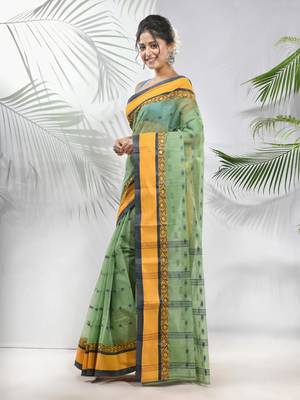 Pista Green Pure Cotton Taant Saree With Woven Designs Without Blouse 2