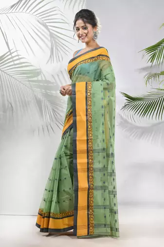 Pista Green Pure Cotton Taant Saree With Woven Designs Without Blouse