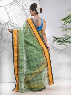 Pista Green Pure Cotton Taant Saree With Woven Designs Without Blouse 3