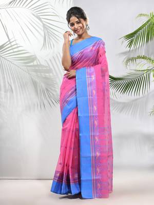Bubbegum Pink Pure Cotton Taant Saree With Woven Designs Without Blouse 1