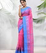 Bubbegum Pink Pure Cotton Taant Saree With Woven Designs Without Blouse