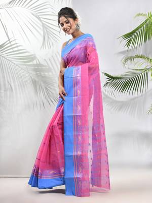 Bubbegum Pink Pure Cotton Taant Saree With Woven Designs Without Blouse 2