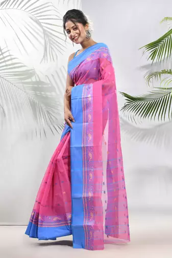 Bubbegum Pink Pure Cotton Taant Saree With Woven Designs Without Blouse