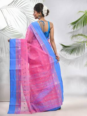 Bubbegum Pink Pure Cotton Taant Saree With Woven Designs Without Blouse 3