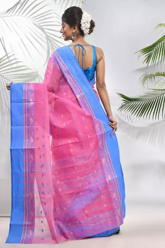 Bubbegum Pink Pure Cotton Taant Saree With Woven Designs Without Blouse