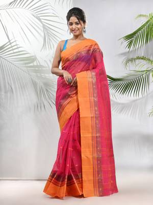 Fuchsia Pure Cotton Taant Saree With Woven Designs Without Blouse 1