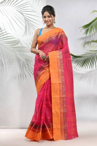Fuchsia Pure Cotton Taant Saree With Woven Designs Without Blouse