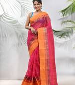 Fuchsia Pure Cotton Taant Saree With Woven Designs Without Blouse