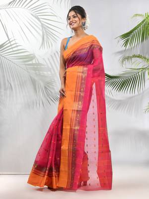 Fuchsia Pure Cotton Taant Saree With Woven Designs Without Blouse 2