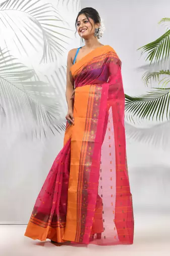 Fuchsia Pure Cotton Taant Saree With Woven Designs Without Blouse