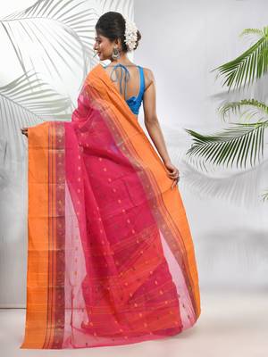 Fuchsia Pure Cotton Taant Saree With Woven Designs Without Blouse 3