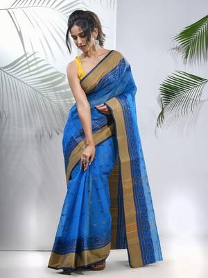 Azure Blue Pure Cotton Taant Saree With Woven Designs Without Blouse 1
