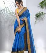Azure Blue Pure Cotton Taant Saree With Woven Designs Without Blouse