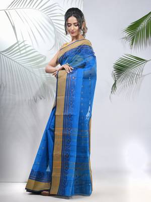 Azure Blue Pure Cotton Taant Saree With Woven Designs Without Blouse 2