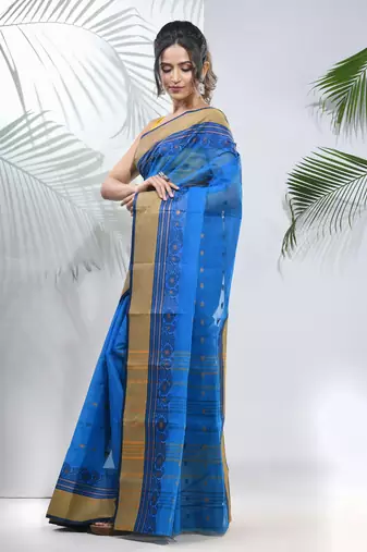 Azure Blue Pure Cotton Taant Saree With Woven Designs Without Blouse