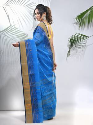 Azure Blue Pure Cotton Taant Saree With Woven Designs Without Blouse 3