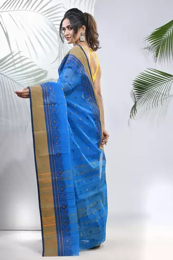 Azure Blue Pure Cotton Taant Saree With Woven Designs Without Blouse
