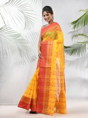 Yellow Pure Cotton Taant Saree With Woven Designs Without Blouse 2