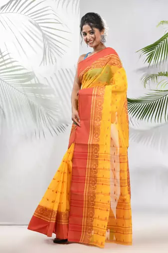 Yellow Pure Cotton Taant Saree With Woven Designs Without Blouse