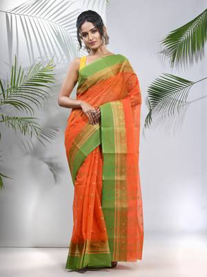 Orange Pure Cotton Taant Saree With Woven Designs Without Blouse 1