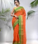Orange Pure Cotton Taant Saree With Woven Designs Without Blouse