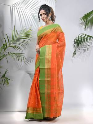 Orange Pure Cotton Taant Saree With Woven Designs Without Blouse 2