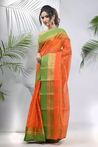 Orange Pure Cotton Taant Saree With Woven Designs Without Blouse